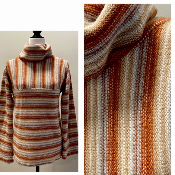 🧡 VINTAGE 70s pullover cowl neck striped sweater with flare sleeves size L - Picture 1 of 16